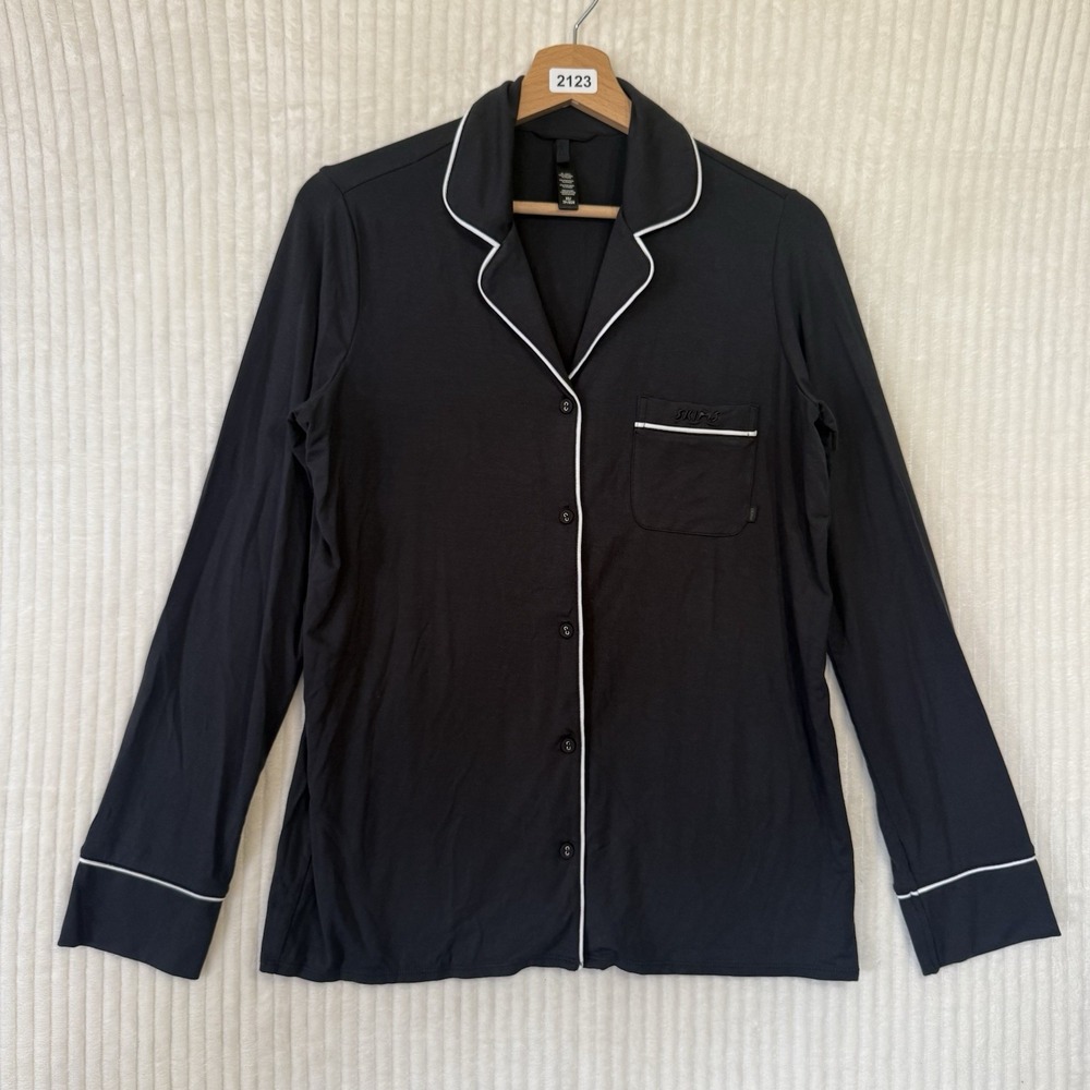 Skims Sleep Long Sleeve Button Up Shirt Onyx Marble Trim Sz XS Modal Blend NWOT